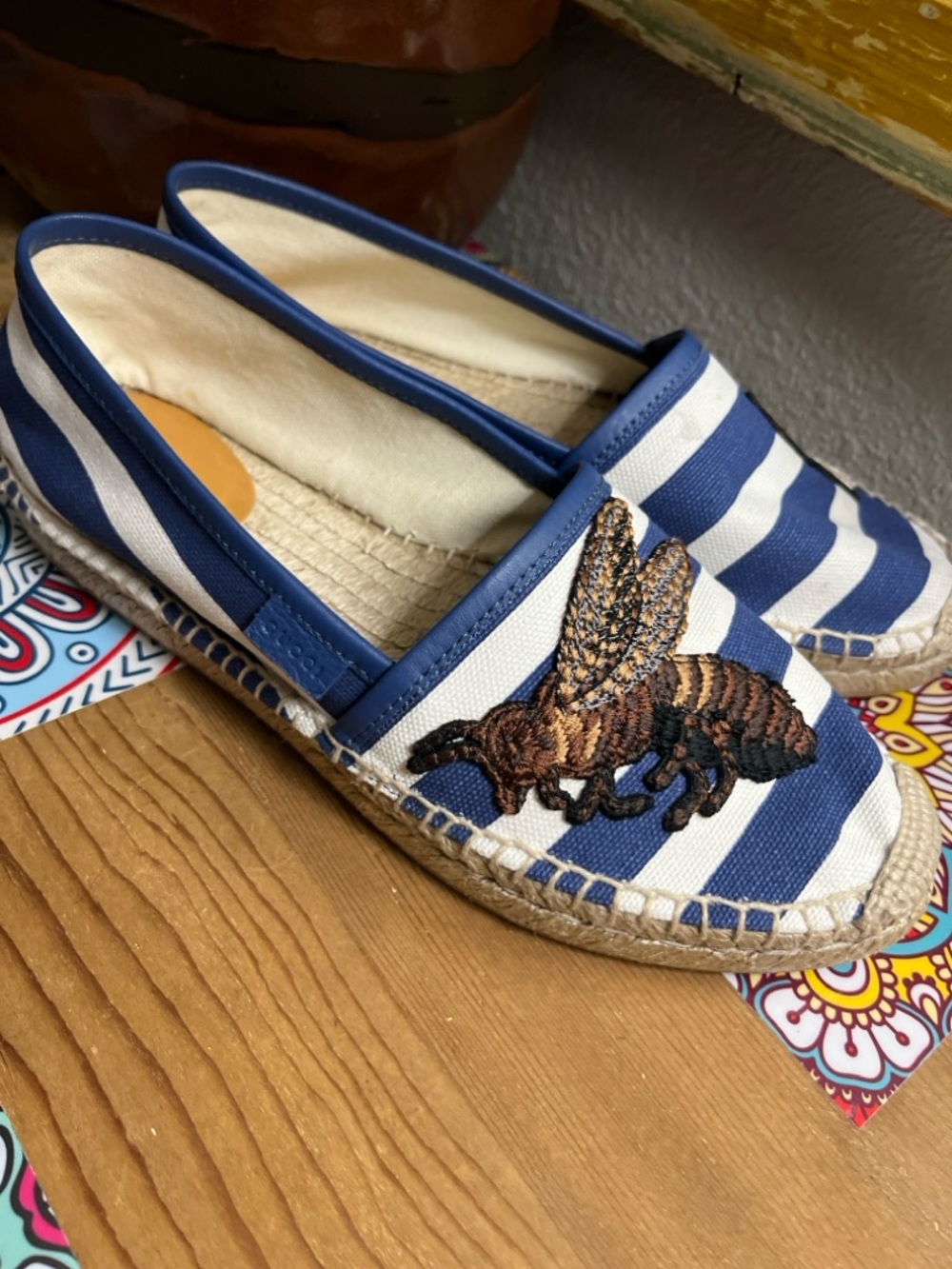 NWOB Gucci Blue and White Striped Espadrilles with Embroidery Sz 7.5 or 37.5